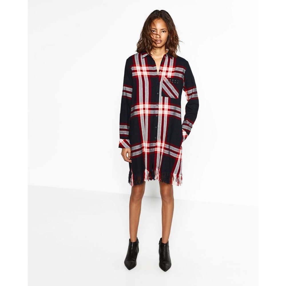 ZARA Basic Size XS Womens Fringe Plaid Shirt Dress‎ Studded Pocket Long Sleeve